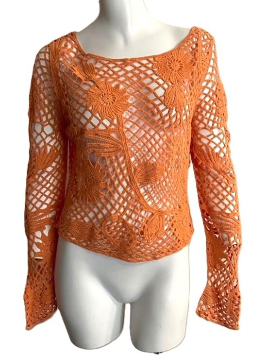 paparazzi Tops - Paparazzi Crochet Mesh Open Knit Top Orange Med Long Sleeve Boho Festival Beach